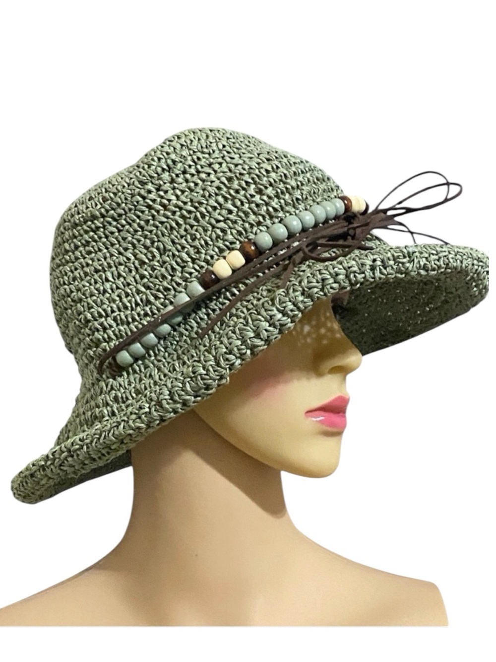 Woven Straw Sun Hat Khaki Gradient Paper Straw Hat Beaded Leather OS NWOT